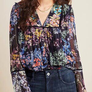 NWT Vineet Bahl Anthropologie Vivienne navy floral ruffle embroidered blouse